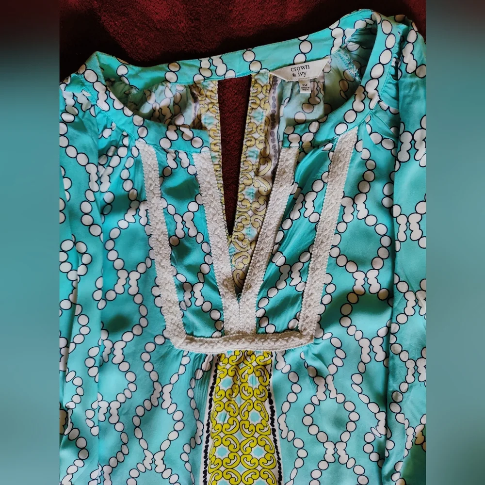 Crown & Ivy Petite Med Women's Casual Smock Top Aqua Mint Green Crochet Trim - Picture 10 of 10